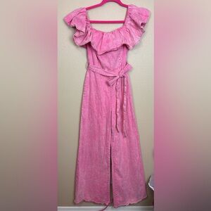 Flying Tomato Los Angeles Pink Denim Jumpsuit Off Shoulder Ruffle Wide Leg